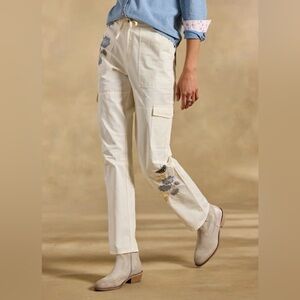 Sundance Starling floral cream and blue embroidered 100% cotton cargo pants sz 6